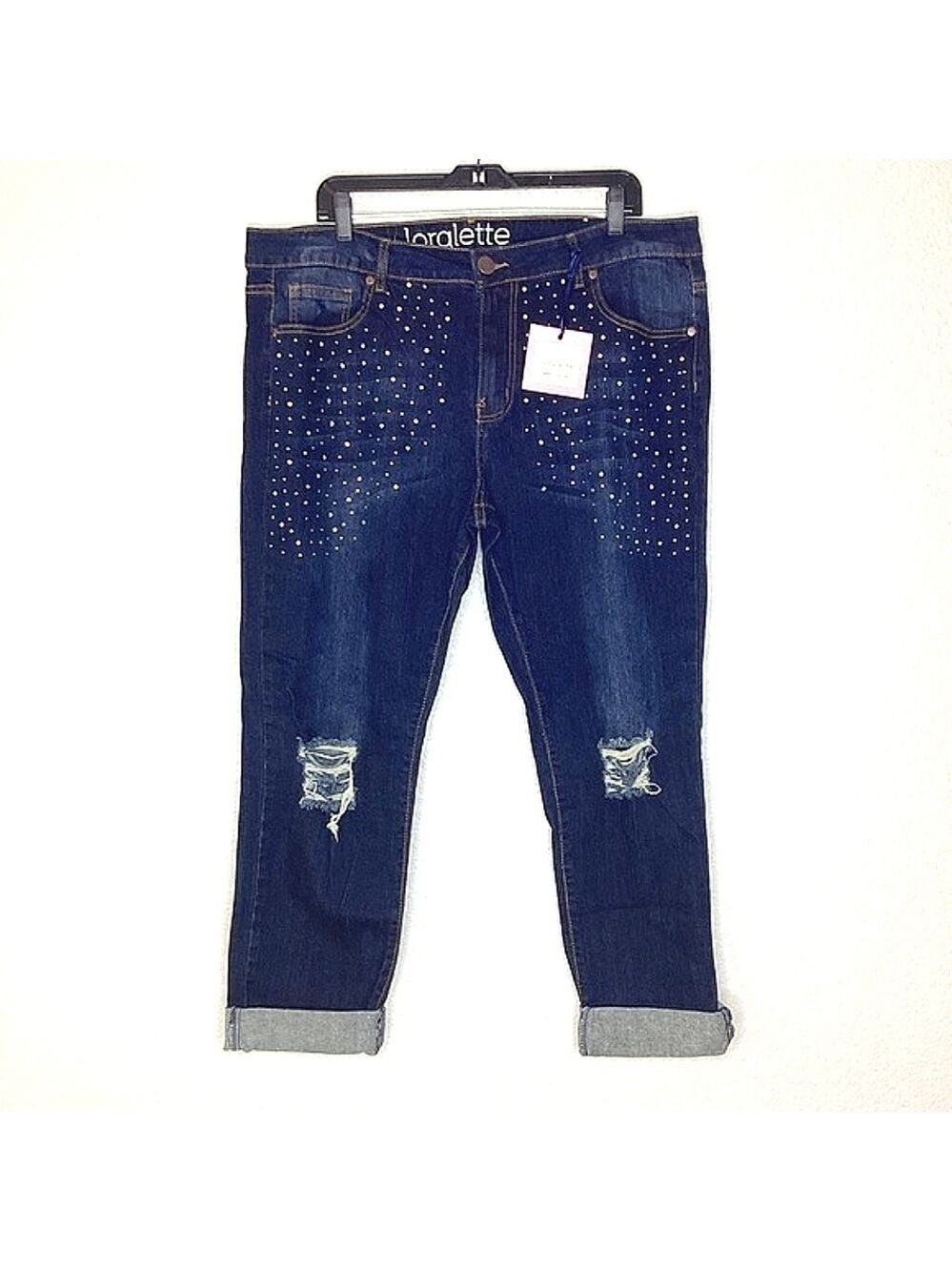 AVENUE LORALETTE PLUS SIZE 18 BLUE EMBELLISHED JEANS DIAMOND DISTRESSED PAN…